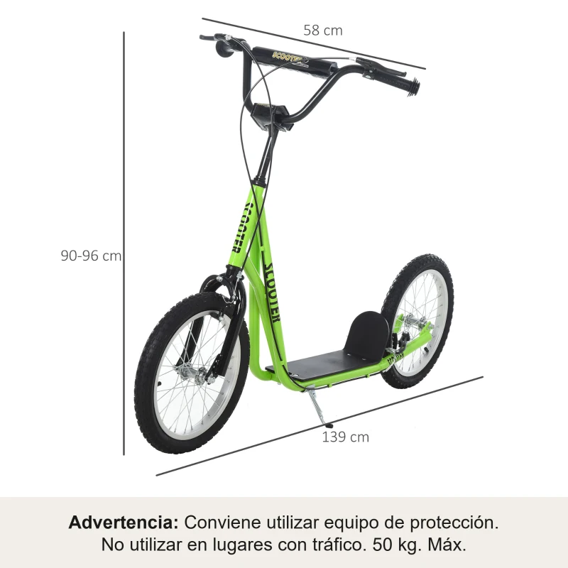 HOMCOM Patinete Infantil Patinete con 2 Ruedas Manillar Ajustable en Altura y Doble Freno Carga 100 kg 139x58x90-96 cm Verde