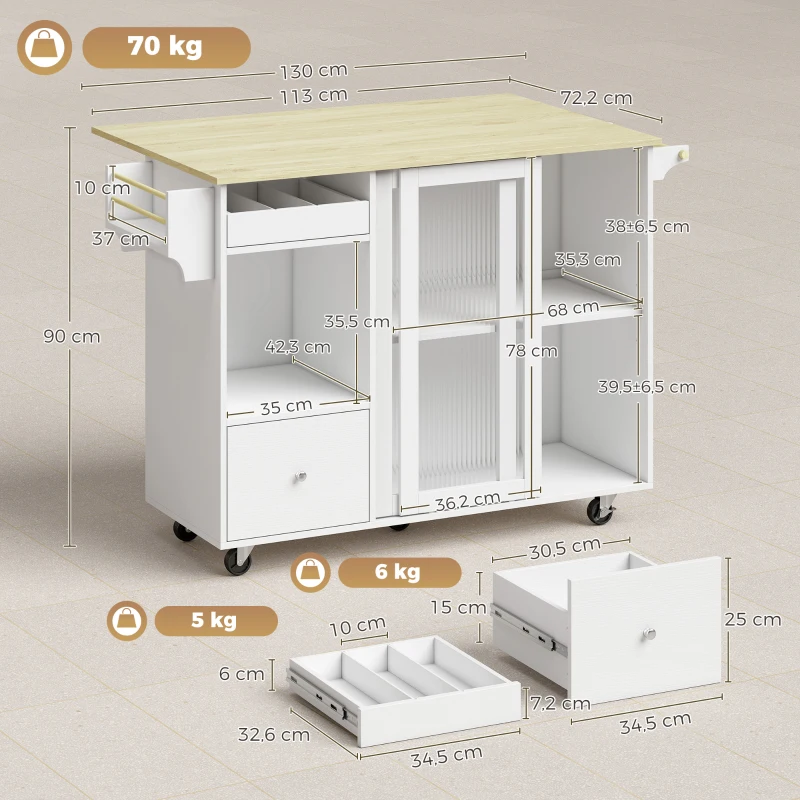 HOMCOM Isla de Cocina con Encimera Abatible Ruedas Puertas Correderas de Vidrio Botellero Cajón Especiero Estante Ajustable