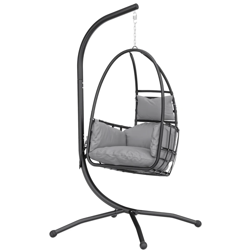Outsunny Hanging Egg Chair, Indoor Outdoor Swinging Hammock Chair with Stand, Foldable Basket, Side Pocket, Dark Grey