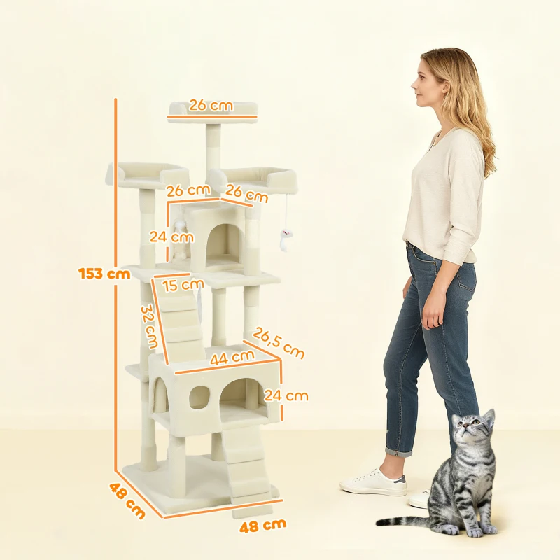 PawHut Árbol Rascador para Gatos Árbol para Gatos 153 cm con 2 Cuevas 3 Camas 2 Rampas Postes de Sisal Ratones Colgantes Crema