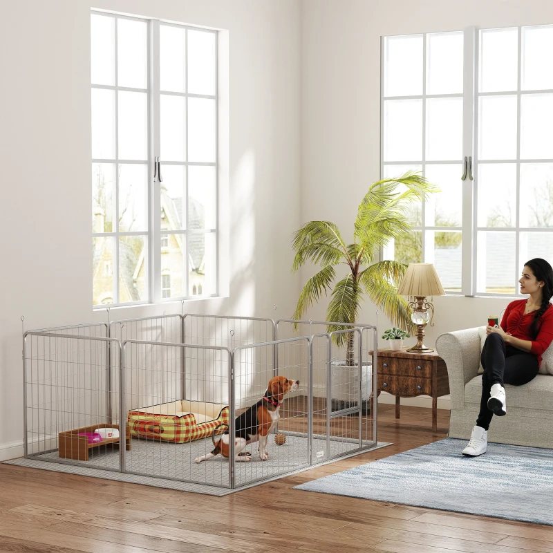 PawHut Parc pour chien enclos chien 8 panneaux modulable pliable acier avec porte pour chiot intérieur extérieur 80H cm argent