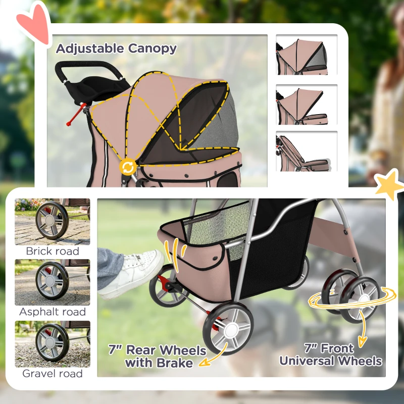 PawHut Dog Pram, Pet Stroller with Reflective Strips, Foldable Cat Stroller with 360° Swivel Wheels, Brown