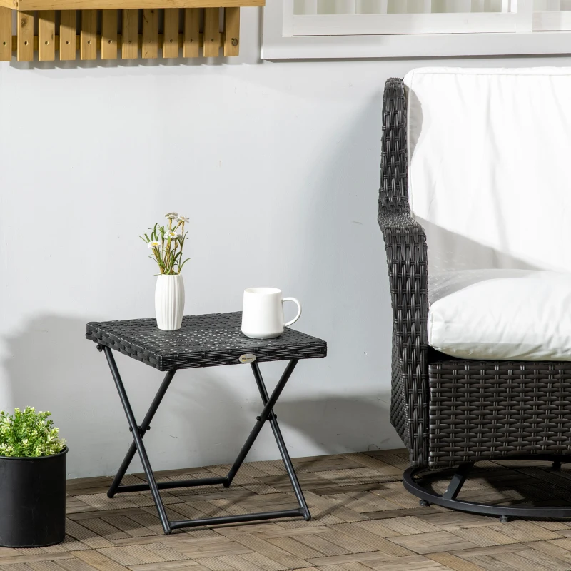 Outsunny Tavolino da Giardino Pieghevole Salvaspazio in Rattan Sintetico e Acciaio, 40x40x40cm, Nero