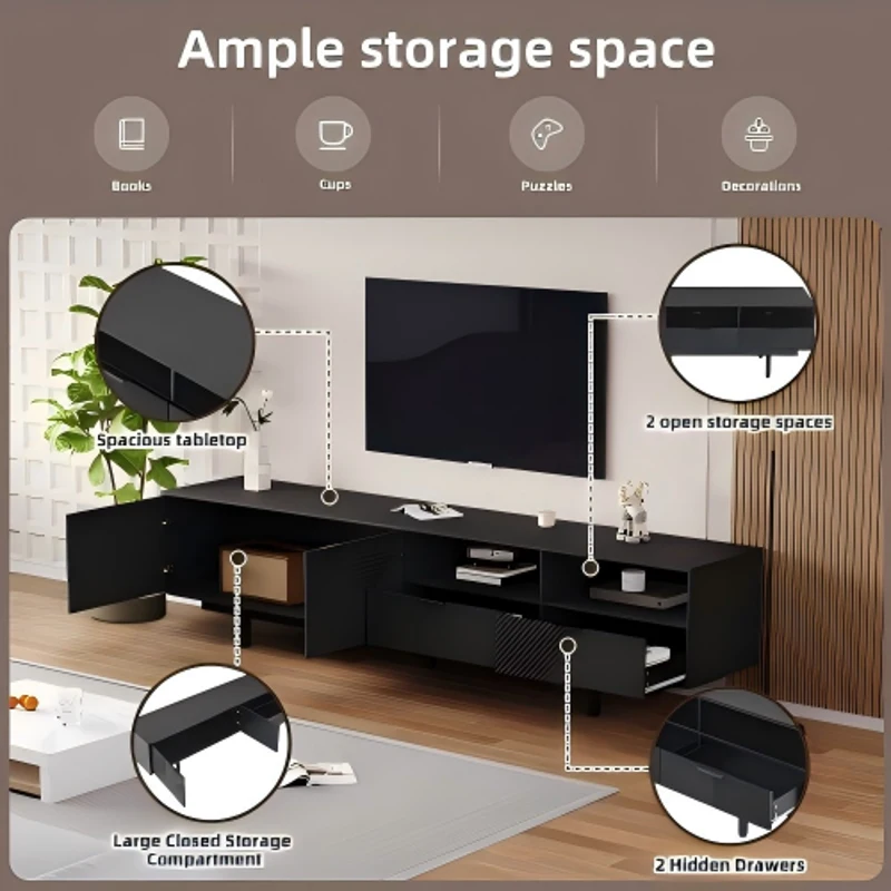 Modern Bohemian TV Cabinet with Sturdy and Durable Construction, Geometric Lines TV Stand for Living Room, 200L x 40W x 51H cm, Black