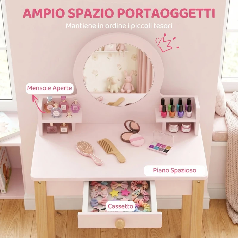 AIYAPLAY Set Toeletta Trucco Bambina con Sgabello, Specchio e Cassetto in Legno, Età 3-6 Anni, Rosa
