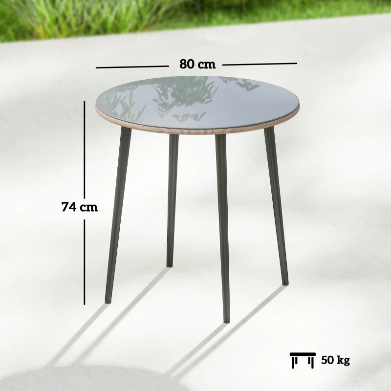 Outsunny Mesa de Comedor de Jardín con Tablero de Vidrio Templado con Borde de Ratán Estructura de Acero 80x80x74 cm Gris