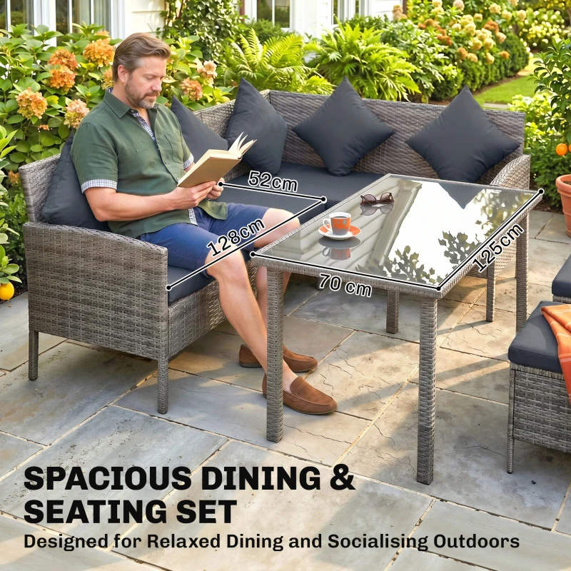 Outsunny tsunny 6-Seater Rattan Dining Set Sofa Table Footstool Outdoor w/ Cushion Garden Furniture, Dark Grey