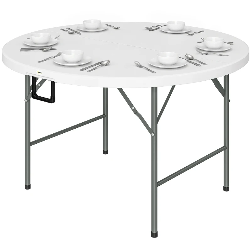 Outsunny Tavolo Pieghevole per Giardino e Campeggio, in Acciaio e HDPE, Ø122x73 cm, Grigio e Bianco