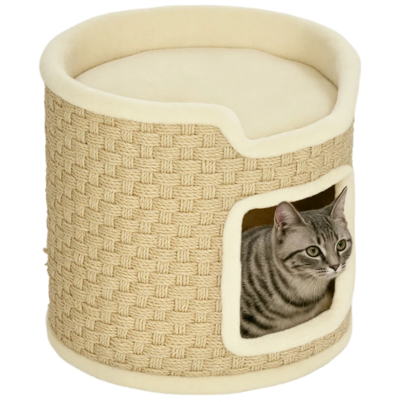 PawHut Ansamblu de Zgâriat pentru Pisici, 37 cm, 2 Niveluri, cu Ascunzătoare și Sfoară din Sisal, până la 5 kg, Kaki