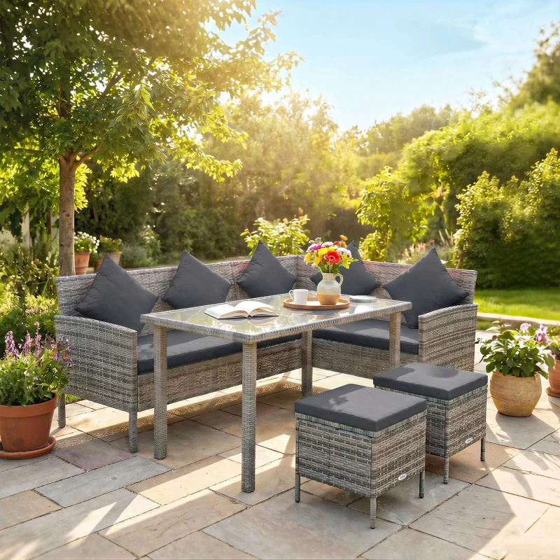 Outsunny tsunny 6-Seater Rattan Dining Set Sofa Table Footstool Outdoor w/ Cushion Garden Furniture, Dark Grey