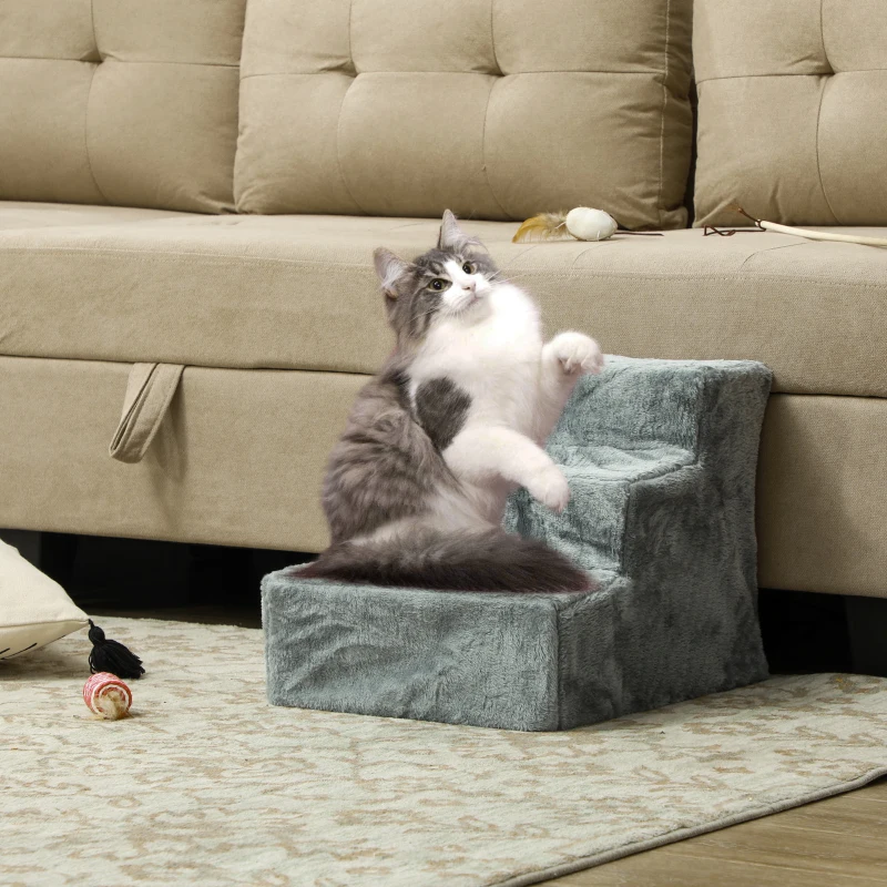 PawHut Escalera para Perros de 3 Peldaños con Funda Extraíble y Lavable para Mascotas Mayores para Cama Sofá 46x35x35 cm Gris