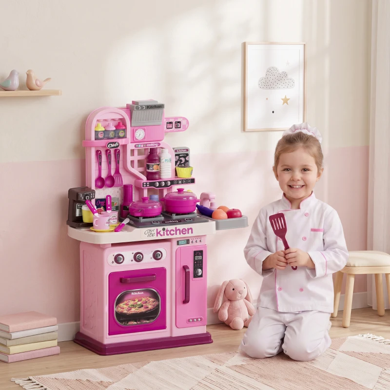 AIYAPLAY Kids Kitchen with 33 Pieces, Lights, Sounds, Storage, for Ages 3-6 Years, Pink