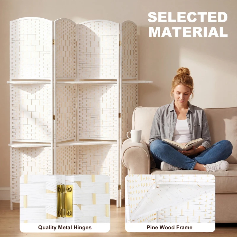 HOMCOM Freestanding Privacy Screen, 4 Panel Folding Room Divider for Living Room, Bedroom and Office, 160 x 170cm, White