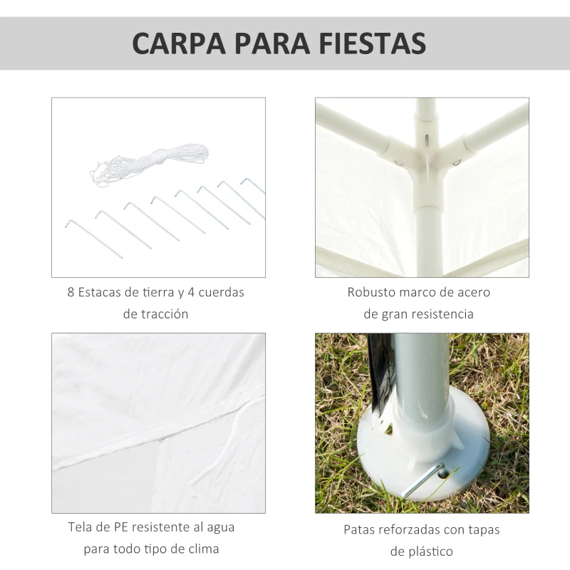 Outsunny Carpa Desmontable 3x3x2,45m Pabellón de Jardín de Tubo de Acero Anti-UV Pérgola Cenador para Terraza Patio Playa Blanco