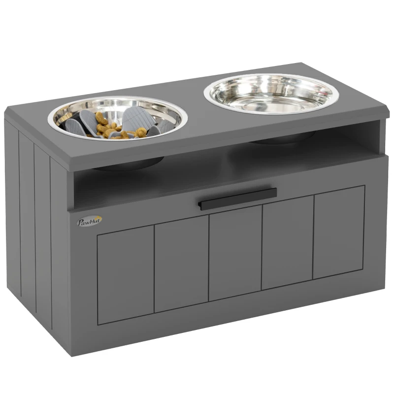PawHut Gamelle Chien Surélevée avec Bols Anti-Glouton & Eau en Acier Inoxydable, Tiroir de Rangement, 60x30x35cm, Gris