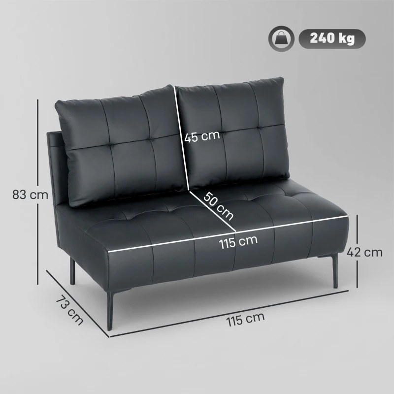 HOMCOM Canapea 2 Locuri din Piele Ecologică Fără Brațe, Matlasată cu Nasturi, 115x73x83 cm, Neagră