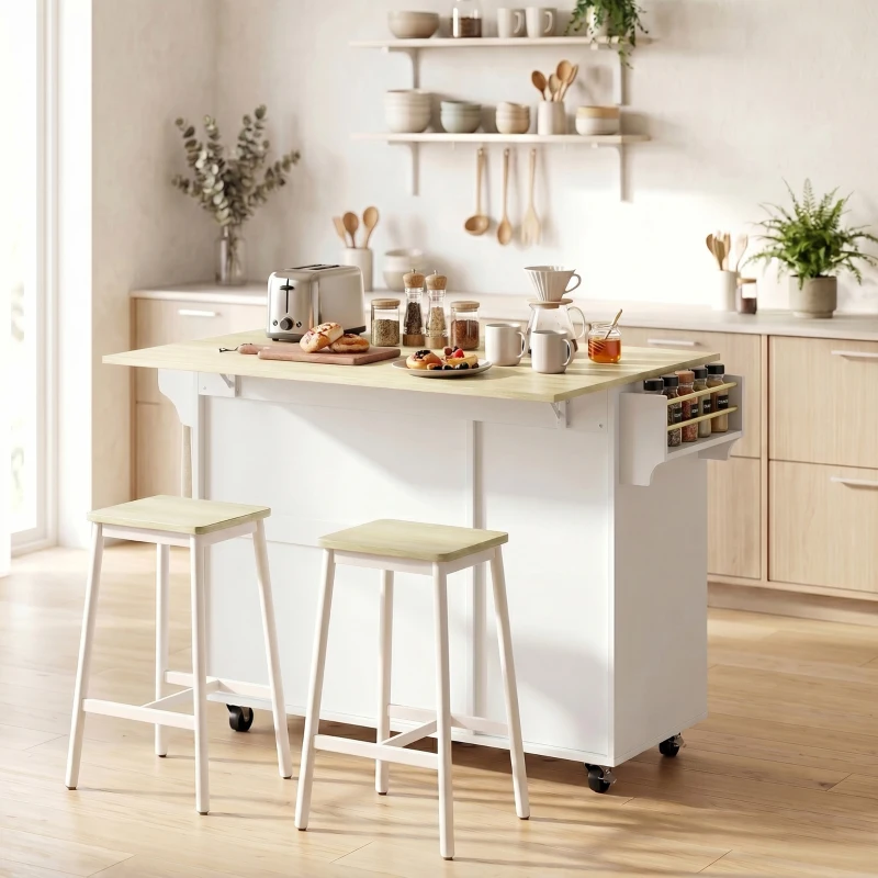 HOMCOM Isla de Cocina con Encimera Abatible Ruedas Puertas Correderas de Vidrio Botellero Cajón Especiero Estante Ajustable