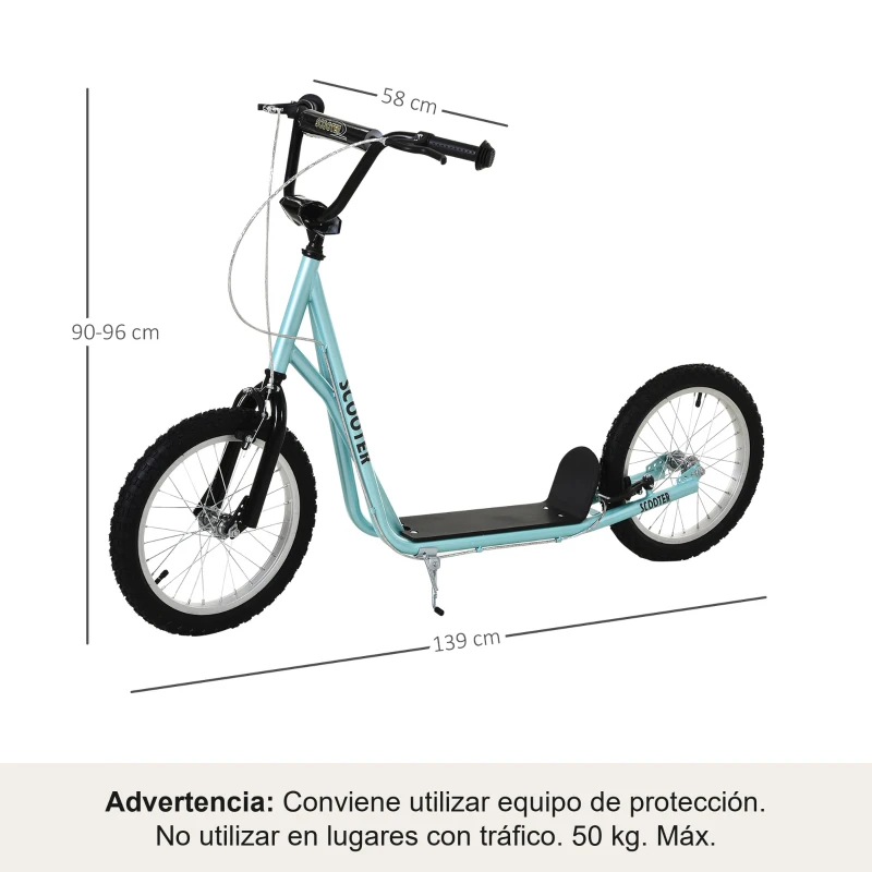 HOMCOM Patinete Infantil Patinete con 2 Ruedas Manillar Ajustable en Altura y Doble Freno Carga 100 kg 139x58x90-96 cm Azul