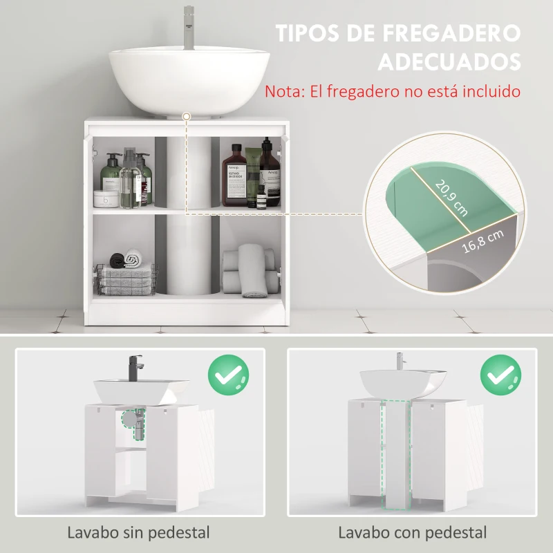 HOMCOM Mueble Bajo Lavabo Mueble de Baño con 2 Puertas Estante Ajustable para Lavabos con o sin Pedestal 60x30x59,8 cm Blanco