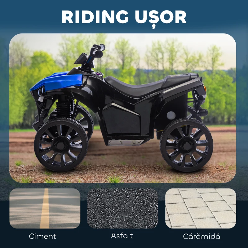 AIYAPLAY Quad Electric pentru Copii ATV cu Baterie Reîncărcabilă 6V, Faruri LED și Muzică, Vârsta 18-56 Luni, Albastru