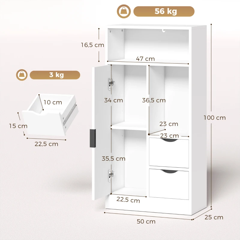HOMCOM Armario de Baño con 2 Cajones Compartimento Abierto y Estantes Ajustables para Espacio Pequeño 50x25x100 cm Blanco