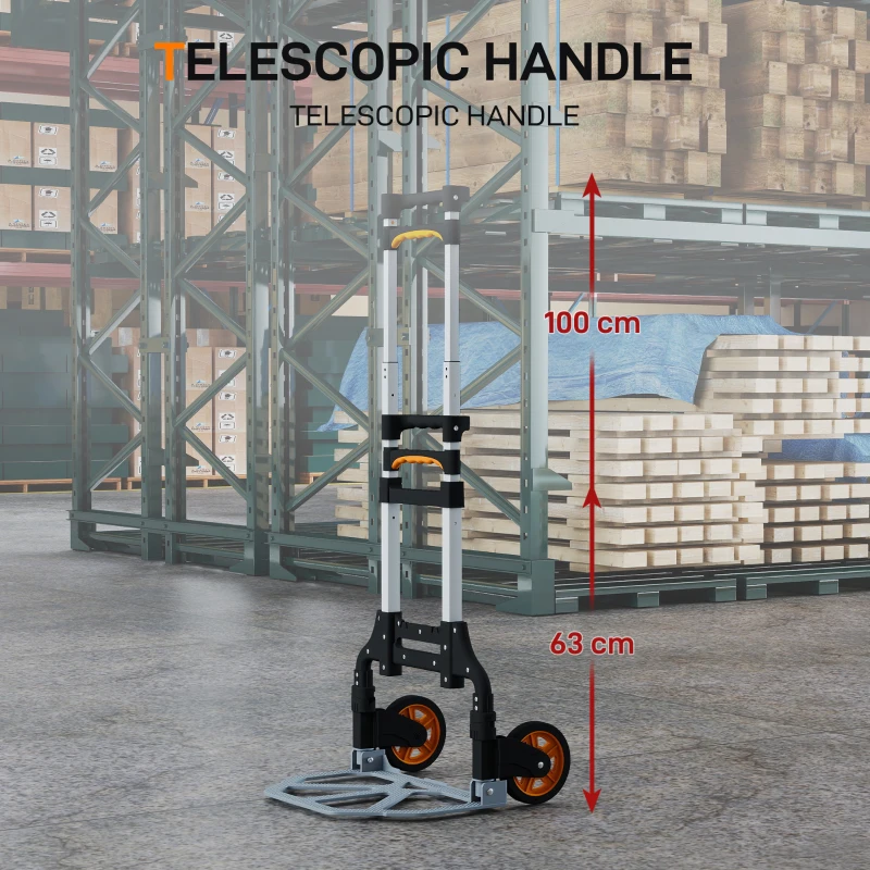 HOMCOM Folding Sack Truck, 70kg Lightweight Hand Truck with Wheels, Foldable Trolley Cart with Telescoping Handle for Warehouse, Office, Luggage, Silver Tone