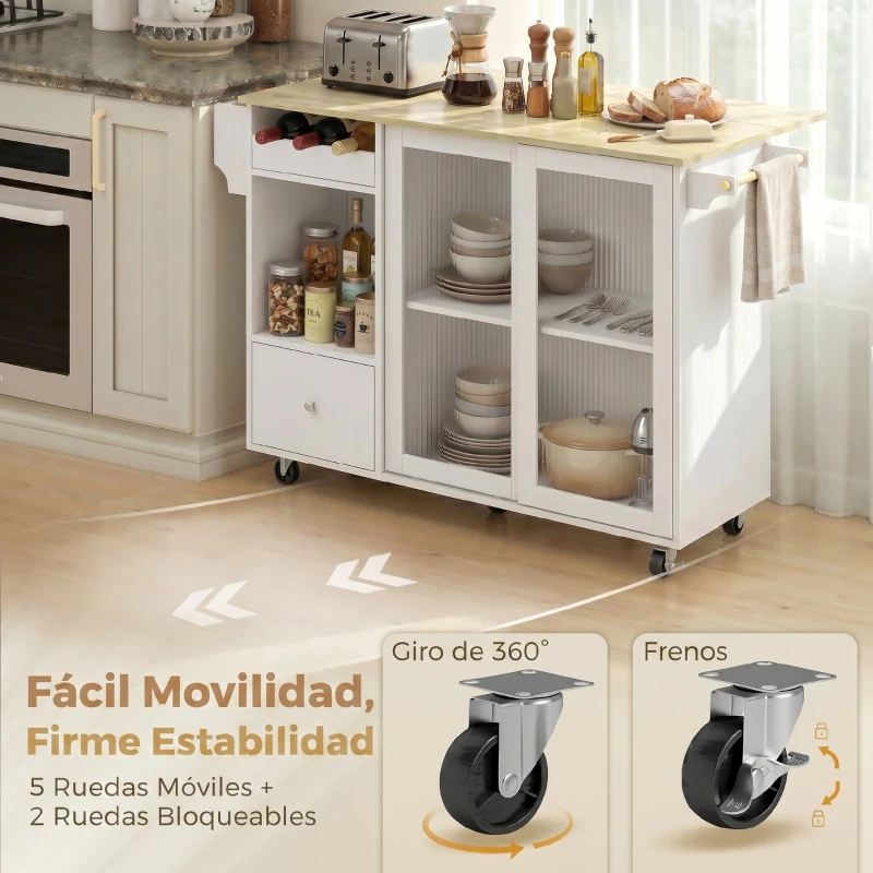 HOMCOM Isla de Cocina con Encimera Abatible Ruedas Puertas Correderas de Vidrio Botellero Cajón Especiero Estante Ajustable