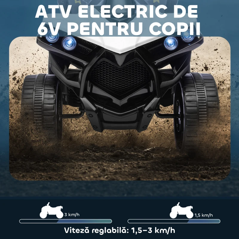 AIYAPLAY ATV Electric pentru Copii 6V, Mașină cu 4 Roți cu Muzică și Faruri LED, pentru Vârste 3-8 Ani, Alb, Negru