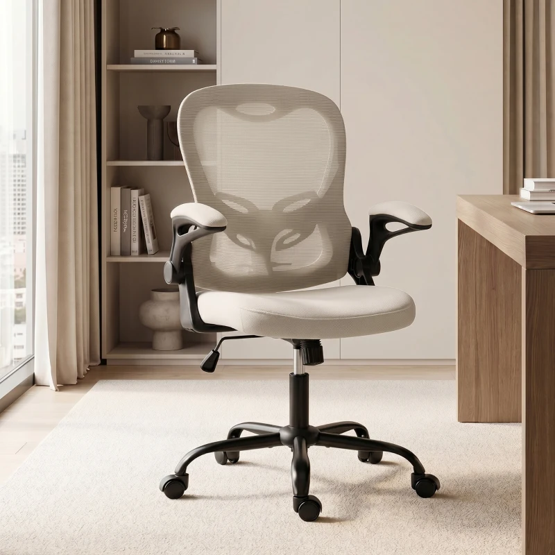 HOMCOM Cadeira de Escritório Ergonômica, Poltrona em Malha, Braços Rebatíveis, Altura Ajustável, Função de Inclinação, Bege