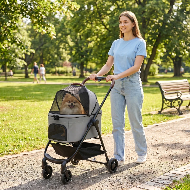 PawHut Dog Stroller, 3 in 1 Foldable Pet Stroller for Small Puppy Cat with Detachable Travel Carrier, Storage Basket, Grey