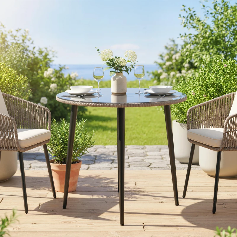 Outsunny Mesa de Comedor de Jardín con Tablero de Vidrio Templado con Borde de Ratán Estructura de Acero 80x80x74 cm Gris