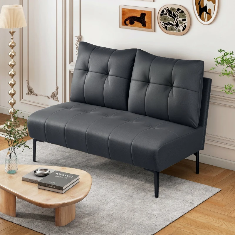 HOMCOM Canapea 2 Locuri din Piele Ecologică Fără Brațe, Matlasată cu Nasturi, 115x73x83 cm, Neagră