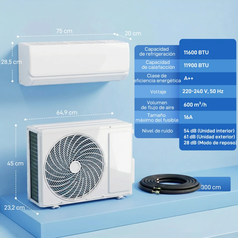 HOMCOM Aire Acondicionado Split Inverter 12000 BTU con Bomba de Calor WiFi y Control por Voz para 18 m² con Kit de Instalación