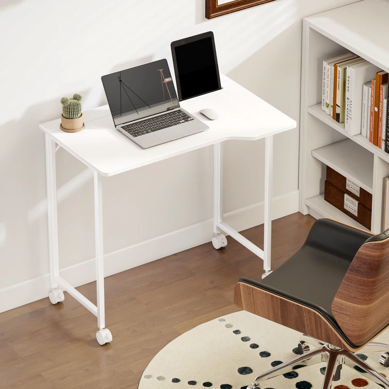 HOMCOM Small Folding Desk, with Wheels - White Wood-Effect