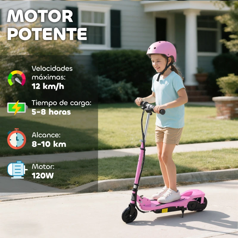 HOMCOM Patinete Eléctrico Plegable para Niños de 7-14 Años, Patinete Eléctrico con Velocidad Max. 12 km/h, Alcance de 8 km, Altura Ajustable, Freno de Mano, Rosa