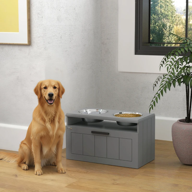 PawHut Gamelle Chien Surélevée avec Bols Anti-Glouton & Eau en Acier Inoxydable, Tiroir de Rangement, 60x30x35cm, Gris