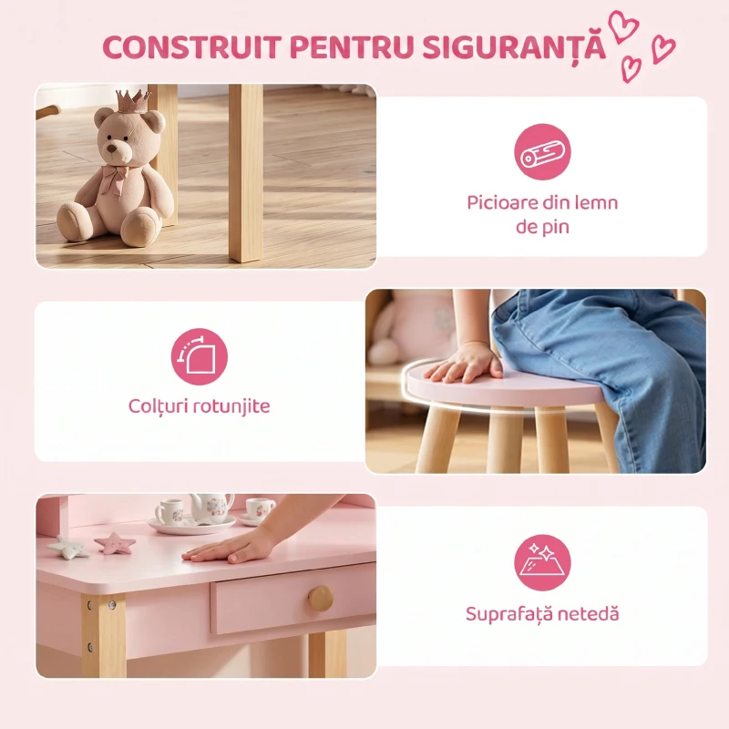 AIYAPLAY Set Masă de Toaletă pentru Fete cu Taburet, Oglindă, Sertar, din Lemn de Pin și MDF, pentru 3-6 Ani, Roz
