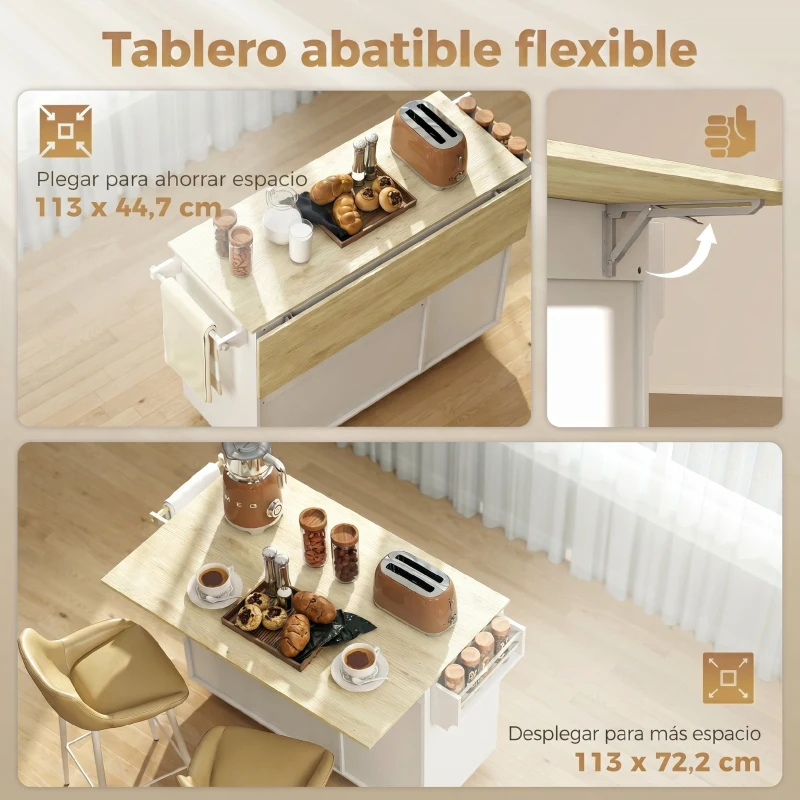 HOMCOM Isla de Cocina con Encimera Abatible Ruedas Puertas Correderas de Vidrio Botellero Cajón Especiero Estante Ajustable
