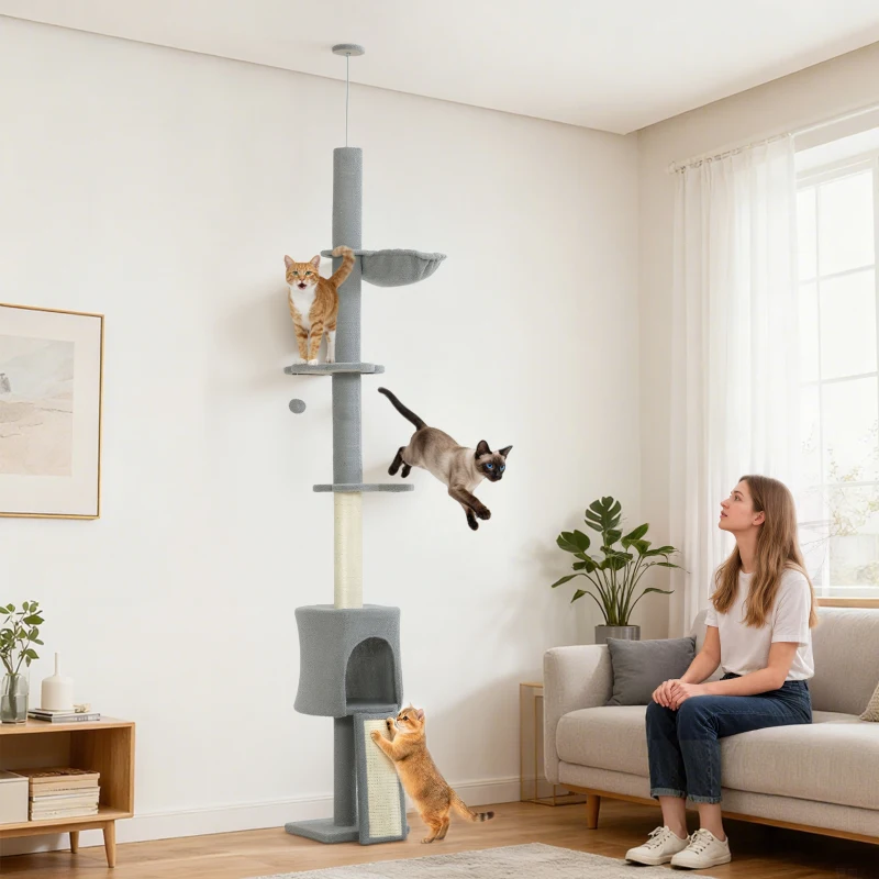 PawHut Árbol para Gatos de Piso a Techo Altura Ajustable 220-240cm con Hamaca Plataformas en Flor Cuevas Rampa Bola Gris Claro