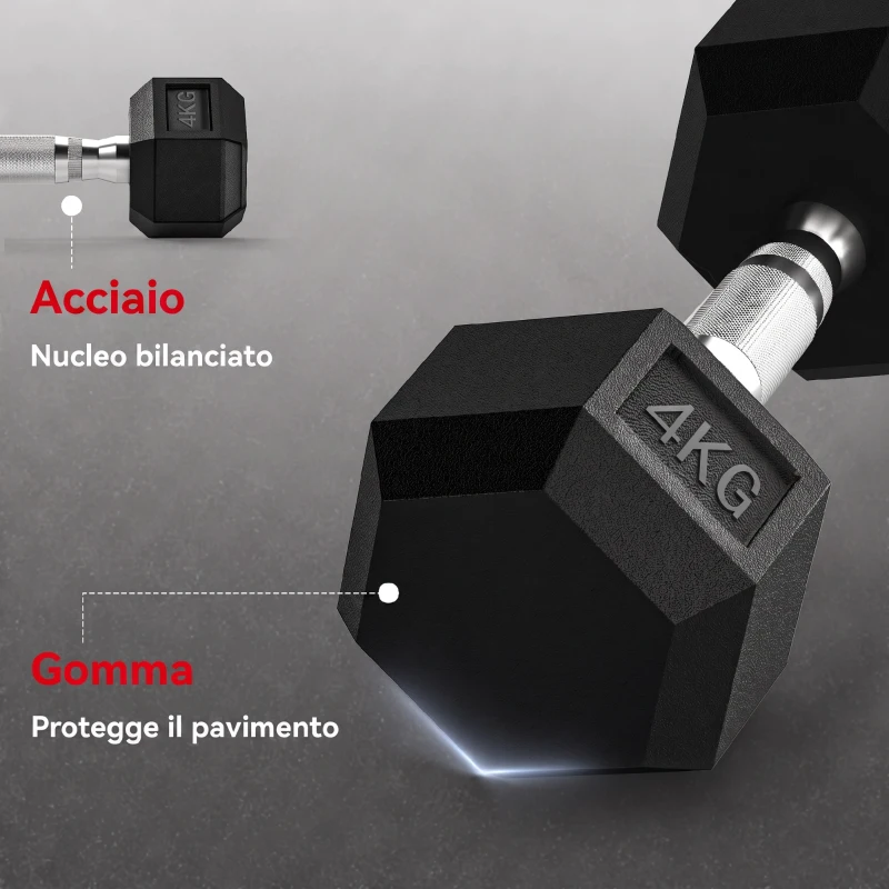 HOMCOM Set di 2 Manubri da 4 kg Esagonali con Presa Antiscivolo e Rivestimento in Gomma, Nero