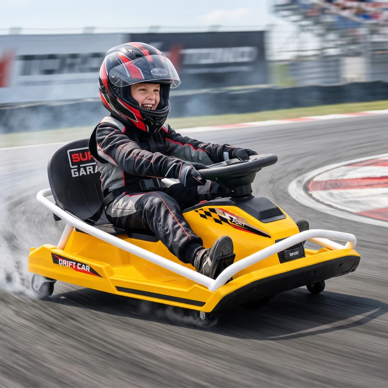 AIYAPLAY 24V Electric Go Kart for Kids with Drift Mode, 300W Brushless Motor, Soft Start and Dual Speed for Ages 6-10, Yellow
