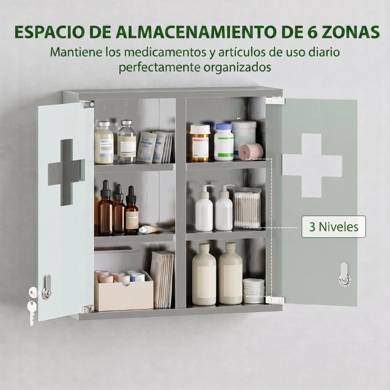 HOMCOM Botiquín de Pared con Cerradura Puertas de Cristal Estantes y 2 Llaves para Baño Cocina 46x12x48 cm Plateado