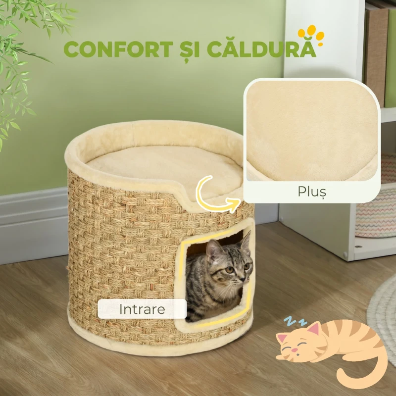 PawHut Ansamblu de Zgâriat pentru Pisici, 37 cm, 2 Niveluri, cu Ascunzătoare și Sfoară din Sisal, până la 5 kg, Kaki