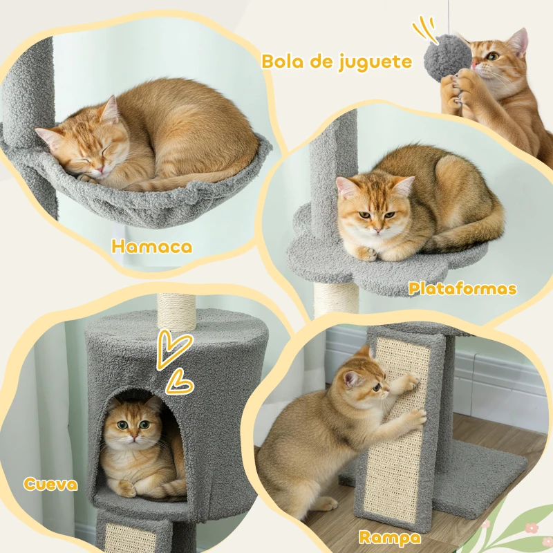 PawHut Árbol para Gatos de Piso a Techo Altura Ajustable 220-240cm con Hamaca Plataformas en Flor Cuevas Rampa Bola Gris Claro