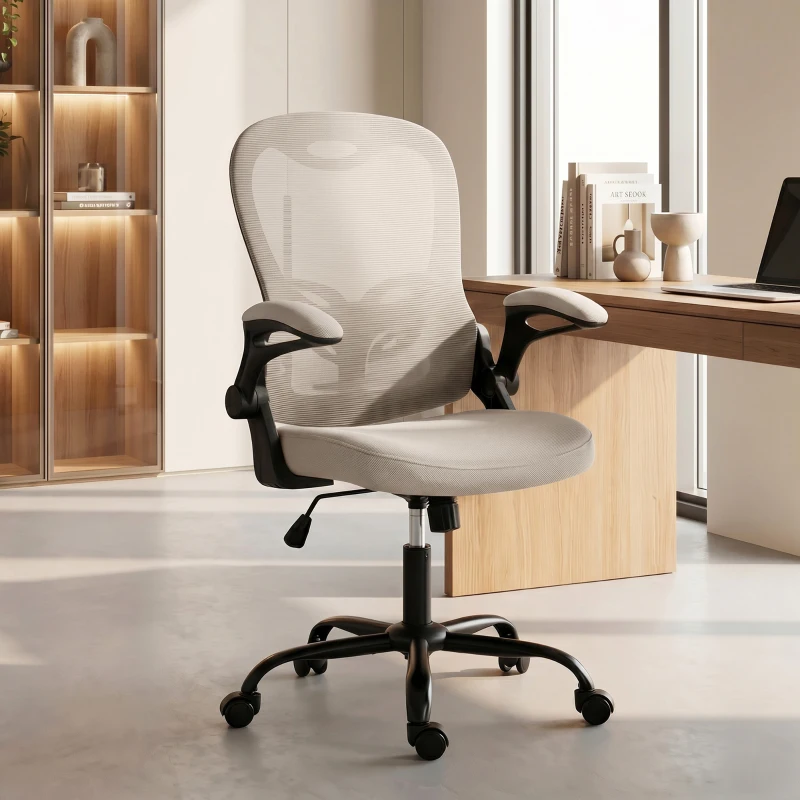 HOMCOM Cadeira de Escritório Ergonômica, Poltrona em Malha, Braços Rebatíveis, Altura Ajustável, Função de Inclinação, Bege