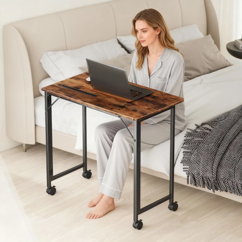 HOMCOM Folding Small Desk on Wheels - Rustic Brown