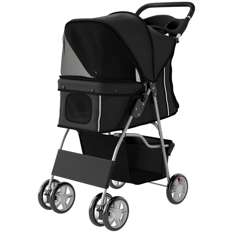PawHut Dog Pram, Pet Stroller with Reflective Strips, Foldable Cat Stroller with 360° Swivel Wheels, Black