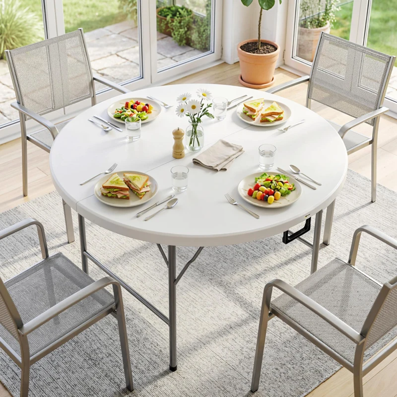 Outsunny Tavolo Pieghevole per Giardino e Campeggio, in Acciaio e HDPE, Ø122x73 cm, Grigio e Bianco
