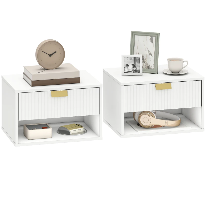 HOMCOM Set de 2 Noptiere Suspendate, Cu Sertar Decorat, Panou de particule, 40x30x25 cm, Alb