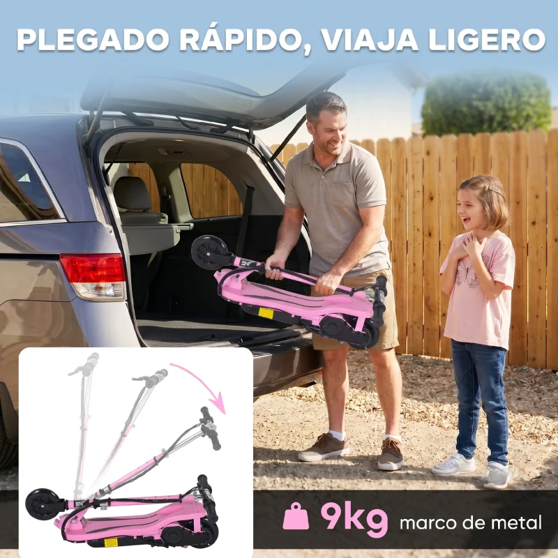 HOMCOM Patinete Eléctrico Plegable para Niños de 7-14 Años, Patinete Eléctrico con Velocidad Max. 12 km/h, Alcance de 8 km, Altura Ajustable, Freno de Mano, Rosa